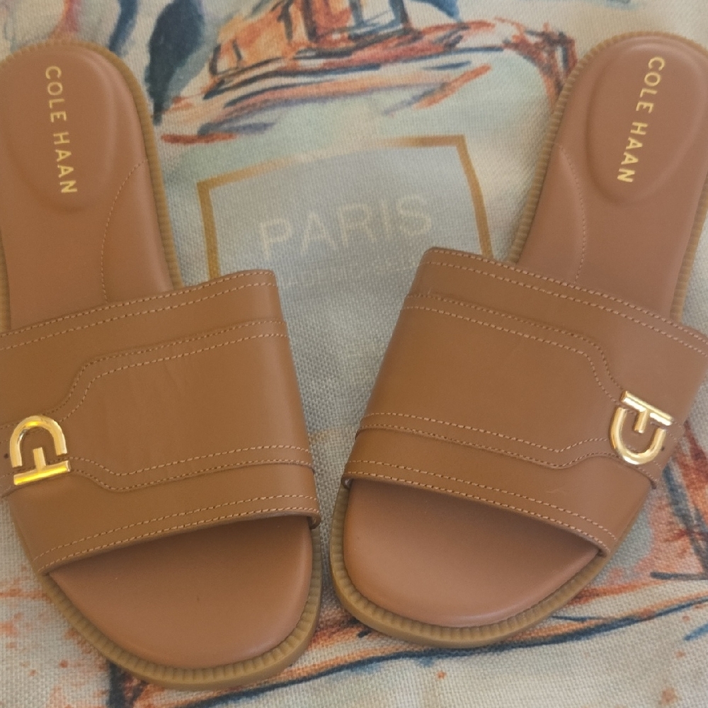 Cole Haan Tan Slide Sandals with Gold Detail
